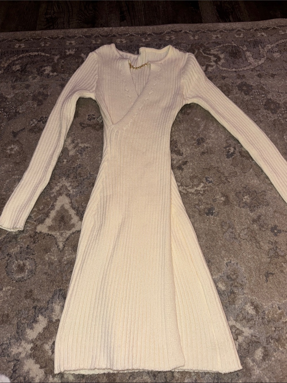 Cream Ribbed Long-Sleeve Knit Dress